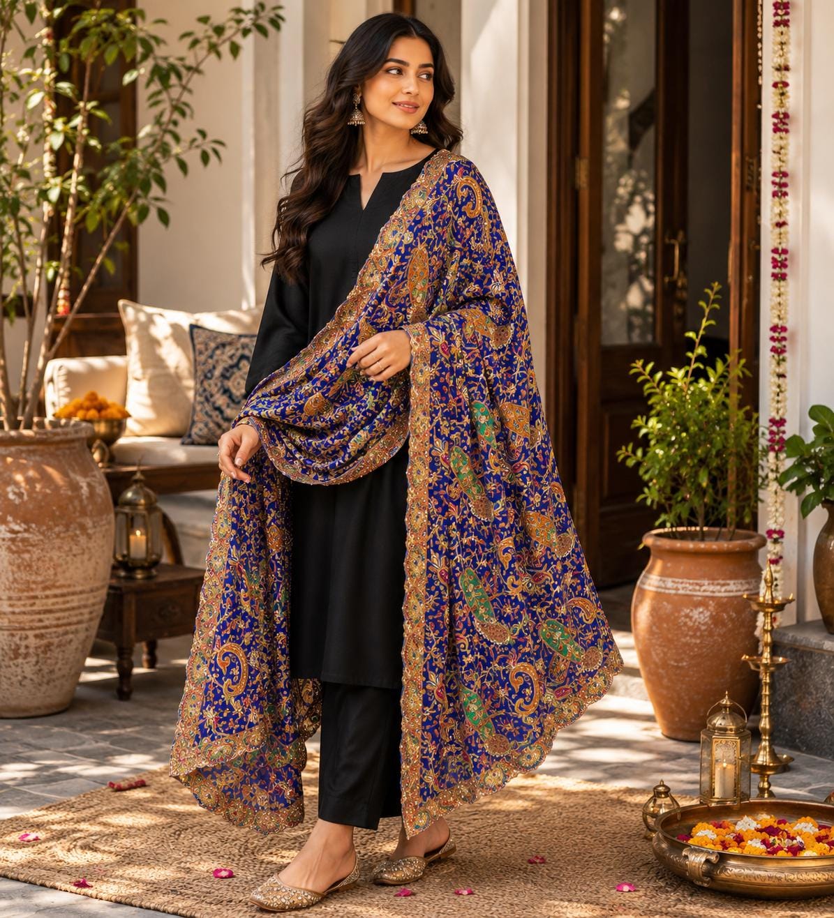 Blue Embroidered Georgette Dupatta | Handmade Ethnic Dupatta | Festive Indian Dupatta | Wedding & Party