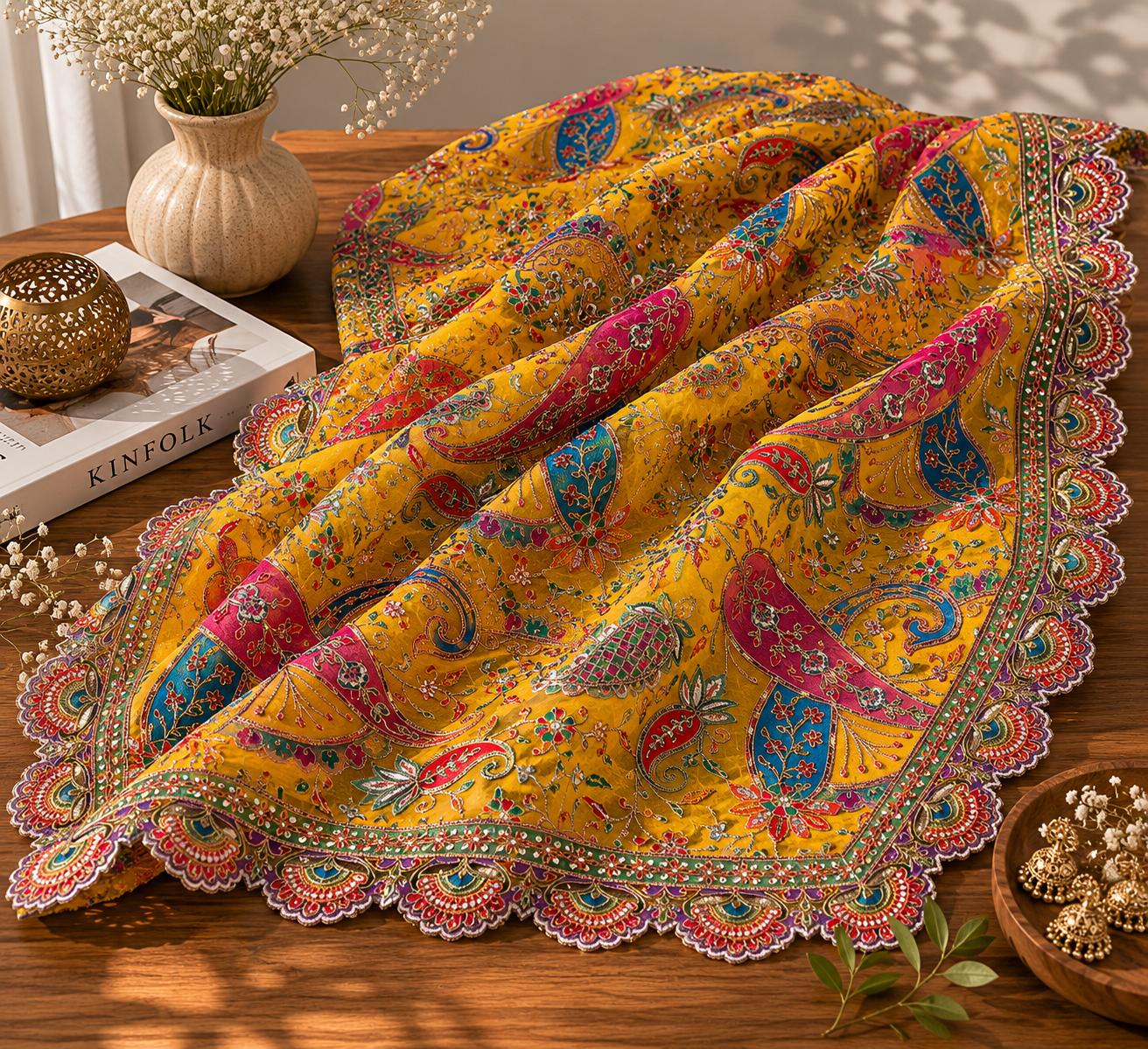 Yellow Embroidered Georgette Dupatta | Handmade Ethnic Dupatta | Festive Indian Dupatta | Wedding & Party