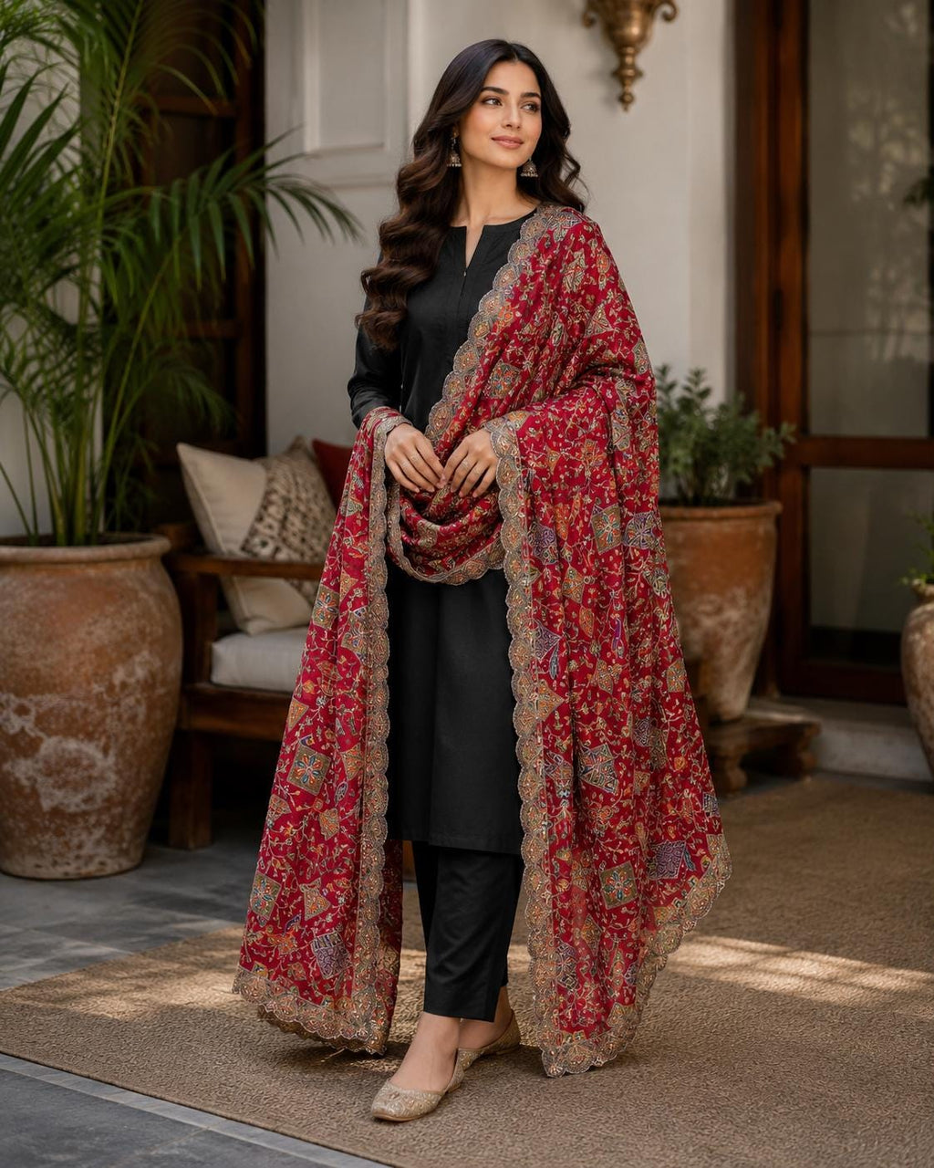 Red Embroidered Georgette Dupatta | Handmade Ethnic Dupatta | Festive Indian Dupatta | Wedding & Party