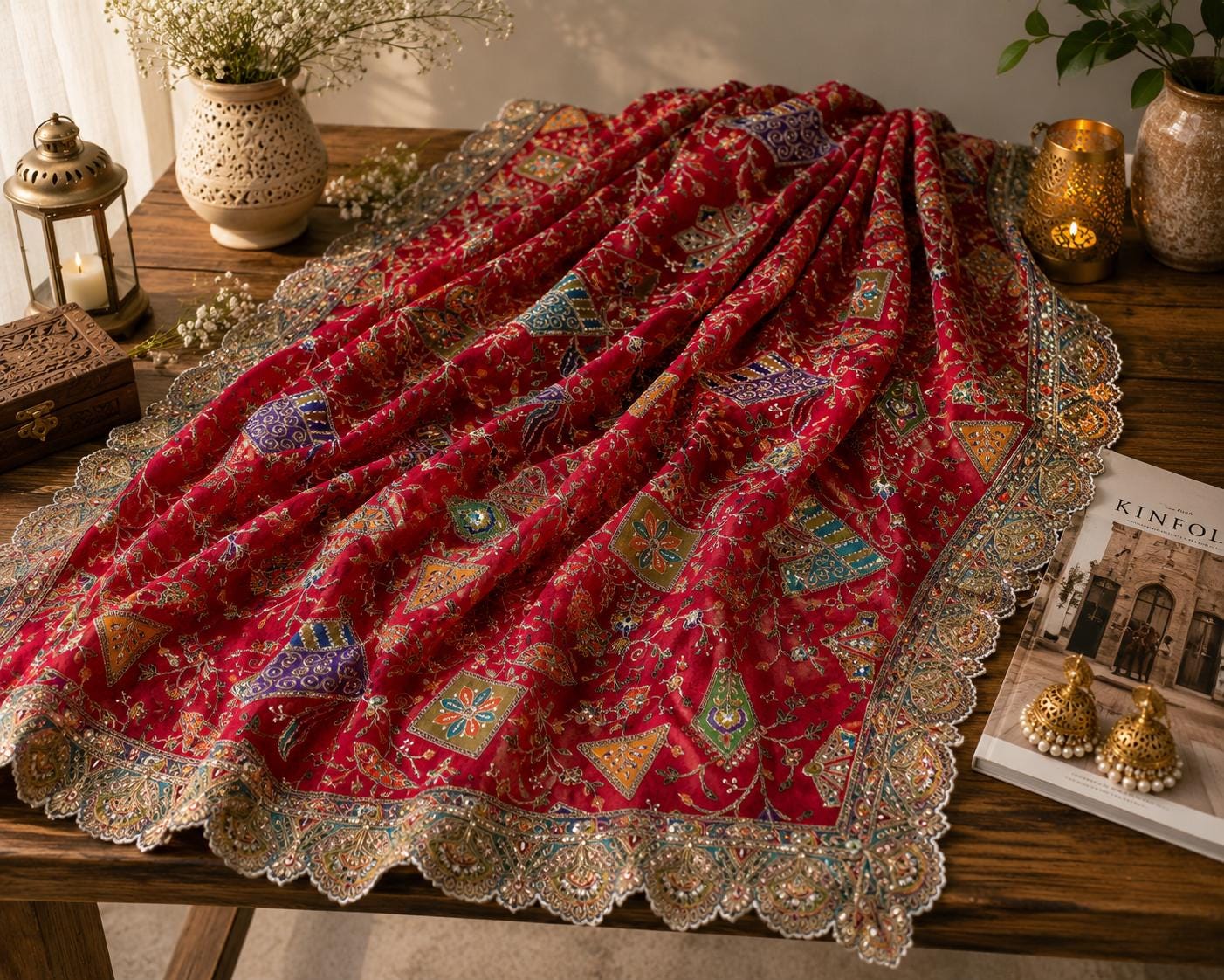 Red Embroidered Georgette Dupatta | Handmade Ethnic Dupatta | Festive Indian Dupatta | Wedding & Party