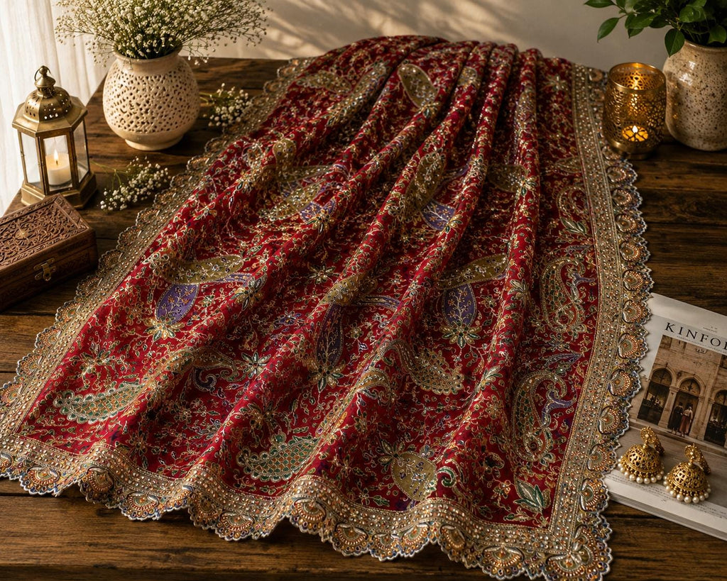 Red Embroidered Georgette Dupatta | Handmade Ethnic Dupatta | Festive Indian Dupatta | Wedding & Party