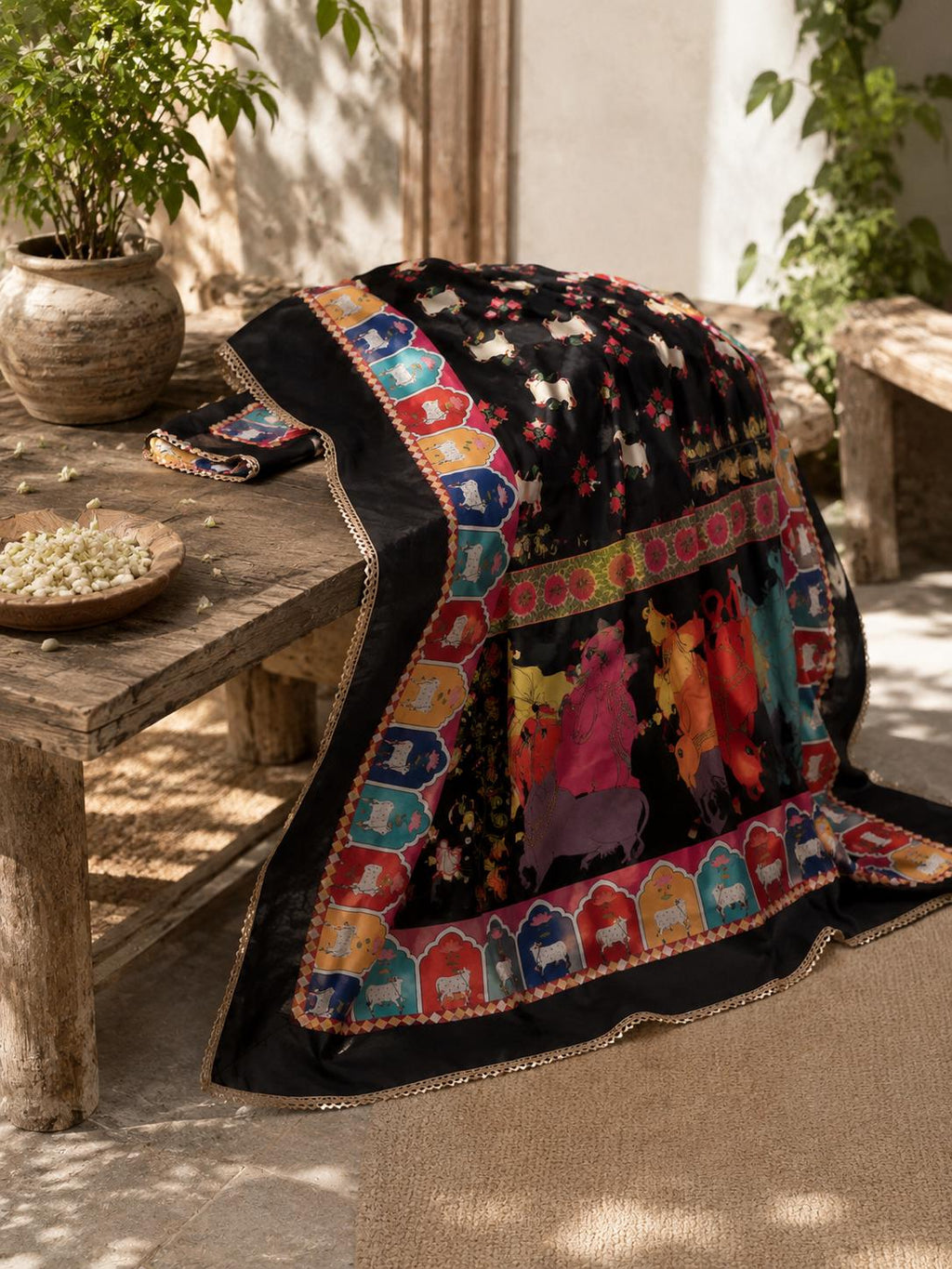 Boho black Printed Chinnon Dupatta | Indian Ethnic Dupatta for Women | Traditional Art Inspired Dupatta | Lightweight Festive Dupatta