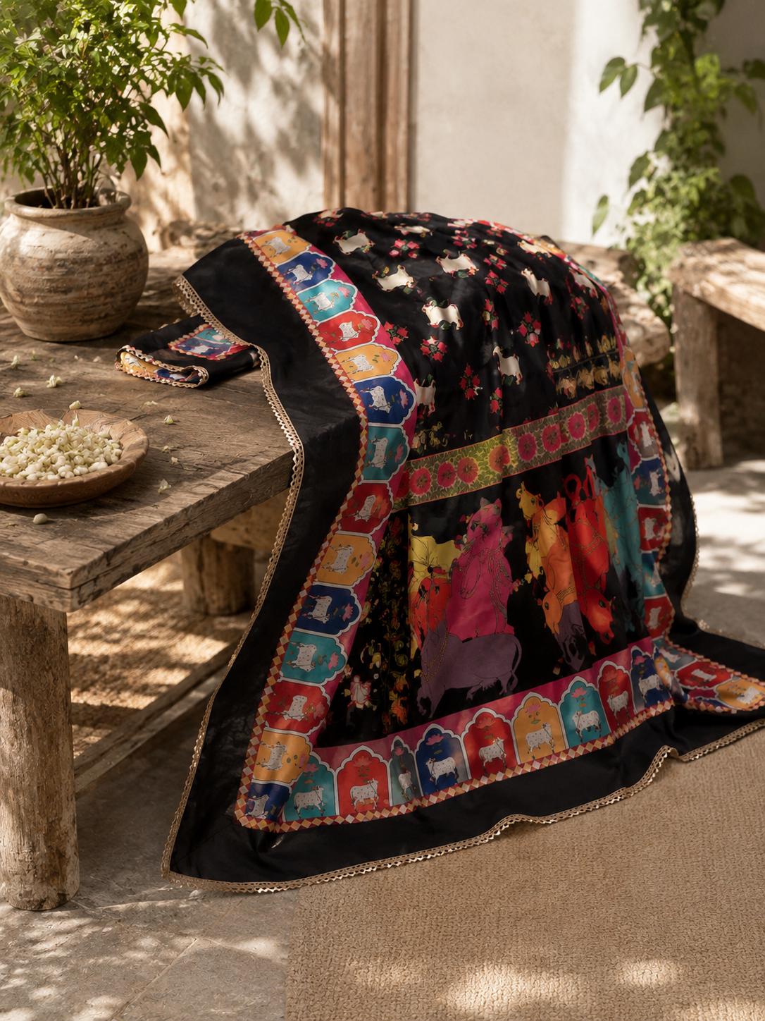 Boho black Printed Chinnon Dupatta | Indian Ethnic Dupatta for Women | Traditional Art Inspired Dupatta | Lightweight Festive Dupatta