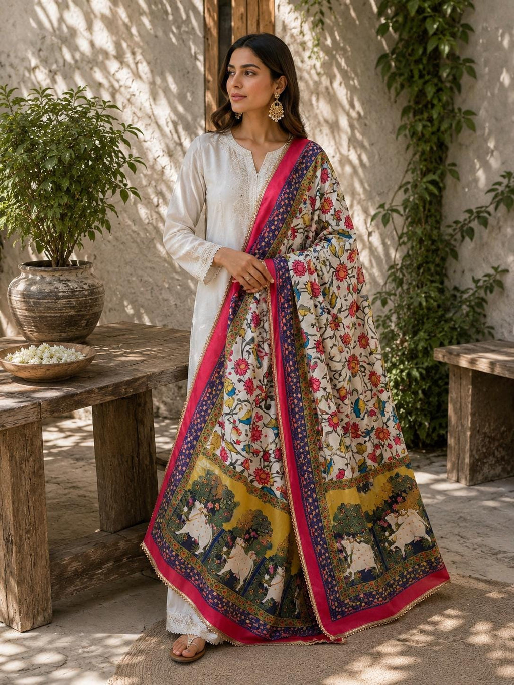 Boho white Printed Chinnon Dupatta | Indian Ethnic Dupatta for Women | Traditional Art Inspired Dupatta | Lightweight Festive Dupatta