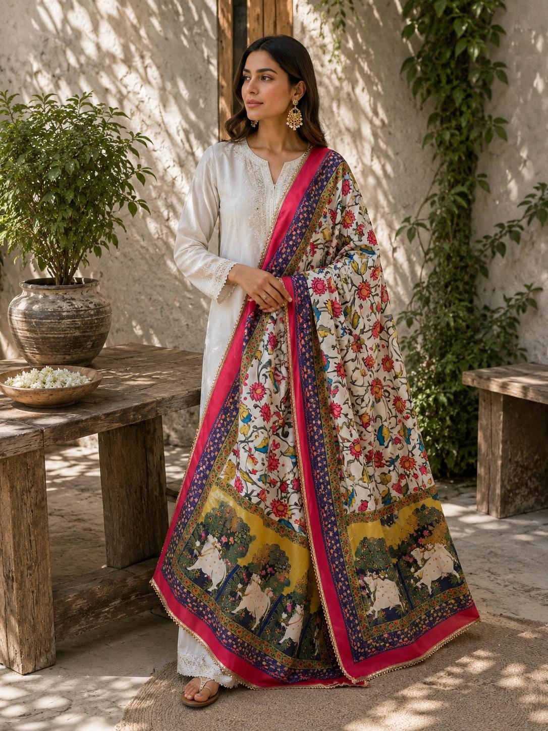 Boho white Printed Chinnon Dupatta | Indian Ethnic Dupatta for Women | Traditional Art Inspired Dupatta | Lightweight Festive Dupatta
