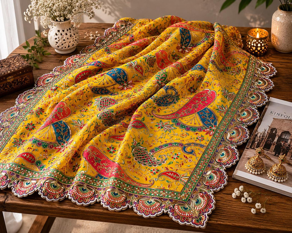 Yellow Embroidered Georgette Dupatta | Handmade Ethnic Dupatta | Festive Indian Dupatta | Wedding & Party