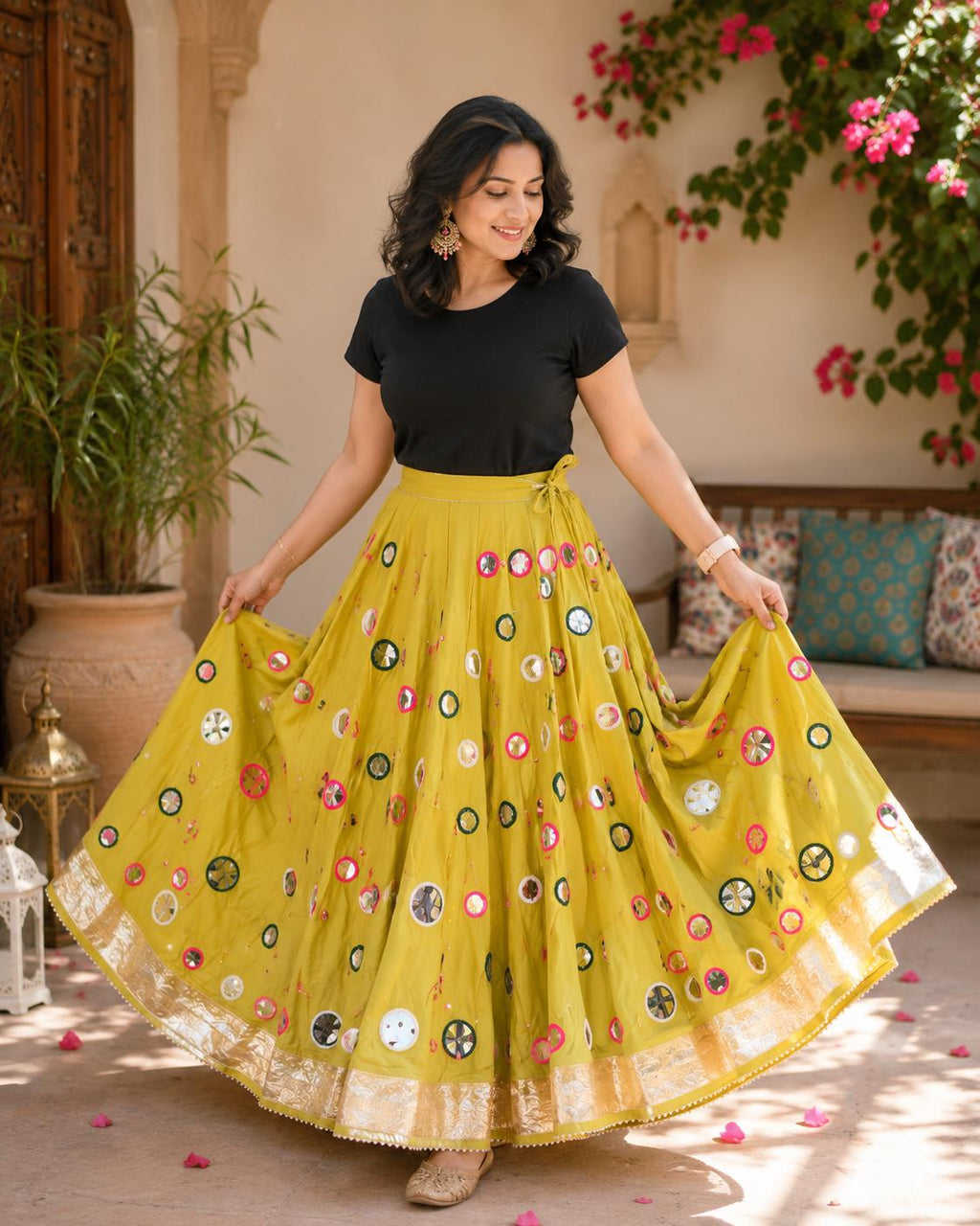 Green Skirt with Artificial Mirror Work 10 m flair | Festive & Party Wear | Ishq by Isha