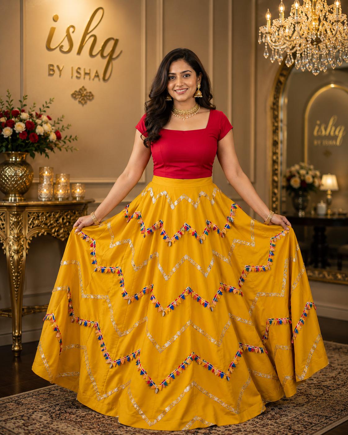 Mustard Flared Skirt with Gota shell work Work | Festive Party Wear Cotton Blend