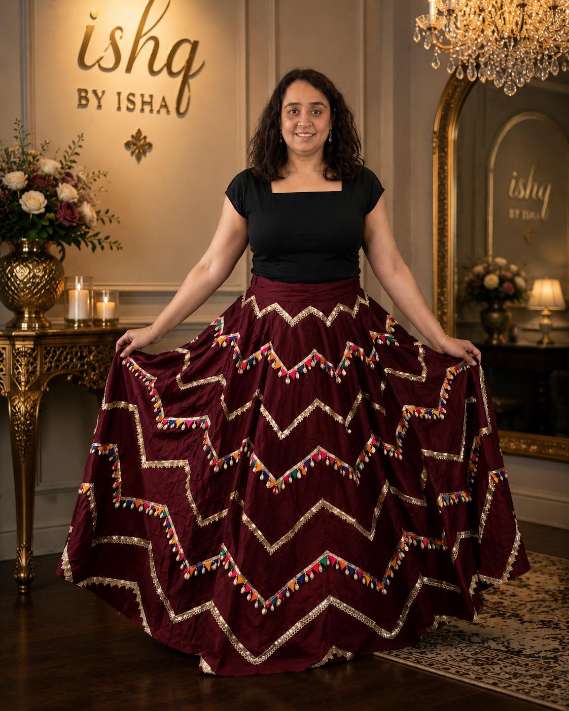 Skirt with gota and Multicolour Work 10 m flair | Festive & Party Wear | Ishq by Isha