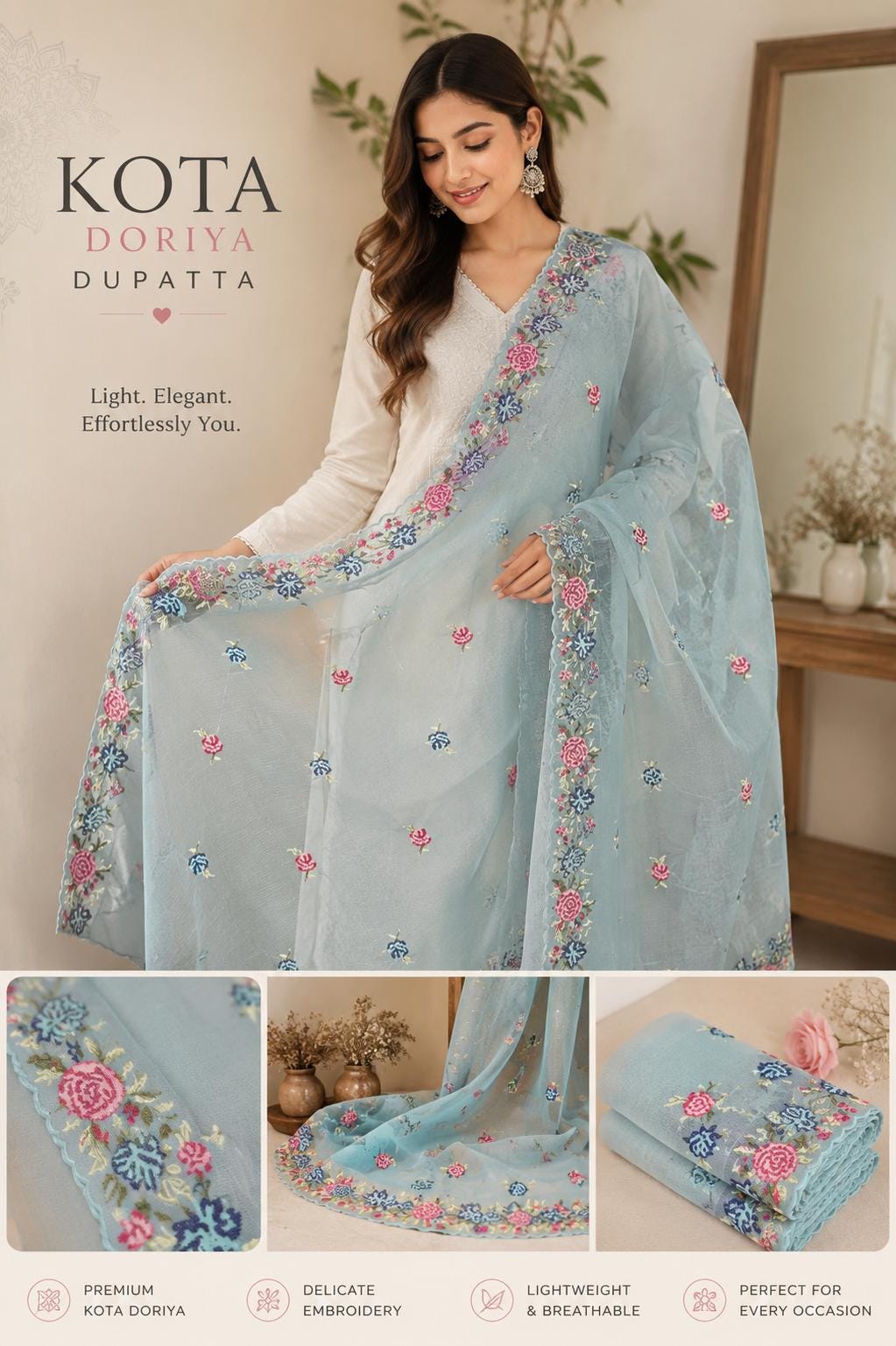 Sky Blue Kota Doria Embroidered Dupatta | Floral Embroidery | Lightweight Kota Doriya Dupatta | Indian Ethnic Dupatta | Wedding & Festive