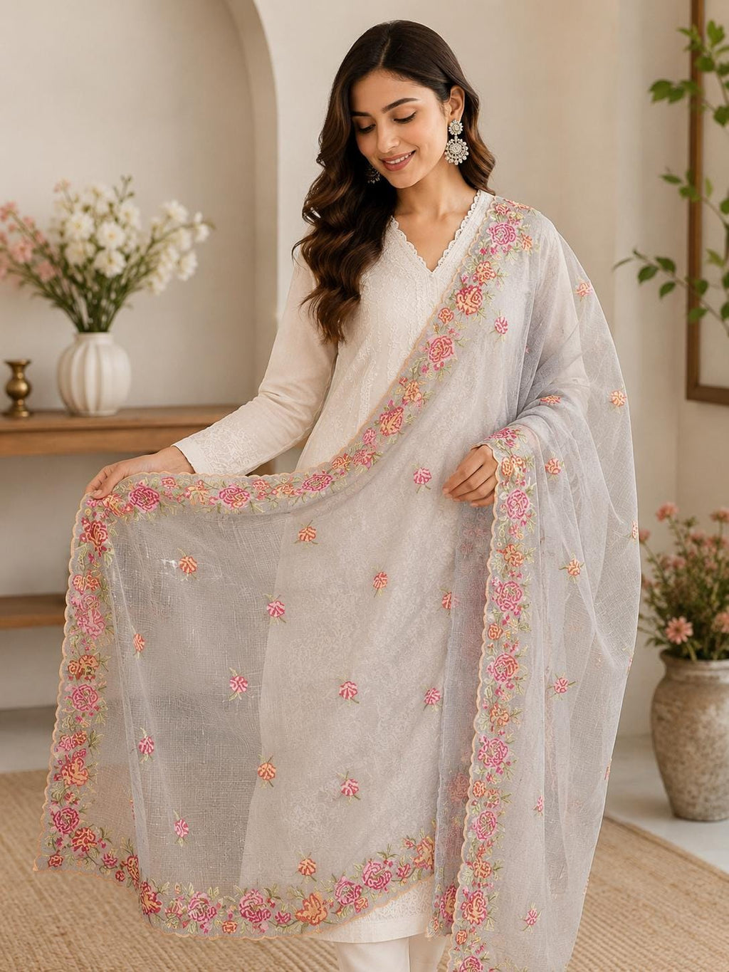 White Kota Doria Embroidered Dupatta | Floral Embroidery | Lightweight Kota Doriya Dupatta | Indian Ethnic Dupatta | Wedding & Festive