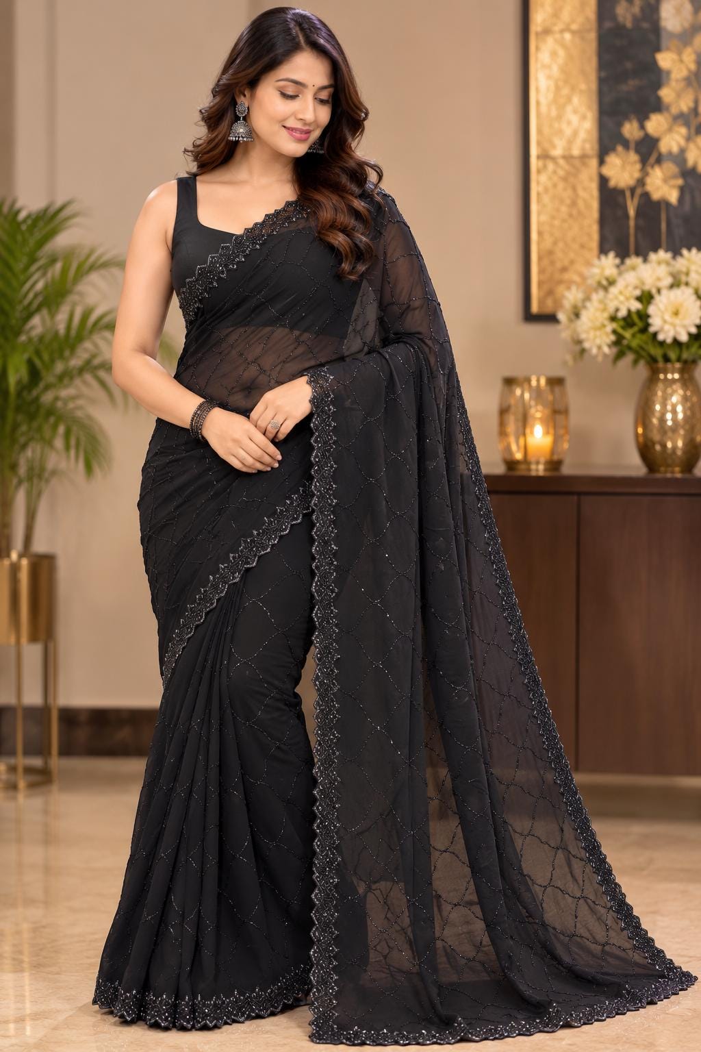 Black Georgette saree | Handwork| Festive Indian saree | Wedding & Party