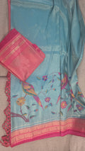 Exquisite Handpaint Weaving Kanchivaram Silk Saree in a radiant rama green and pink
