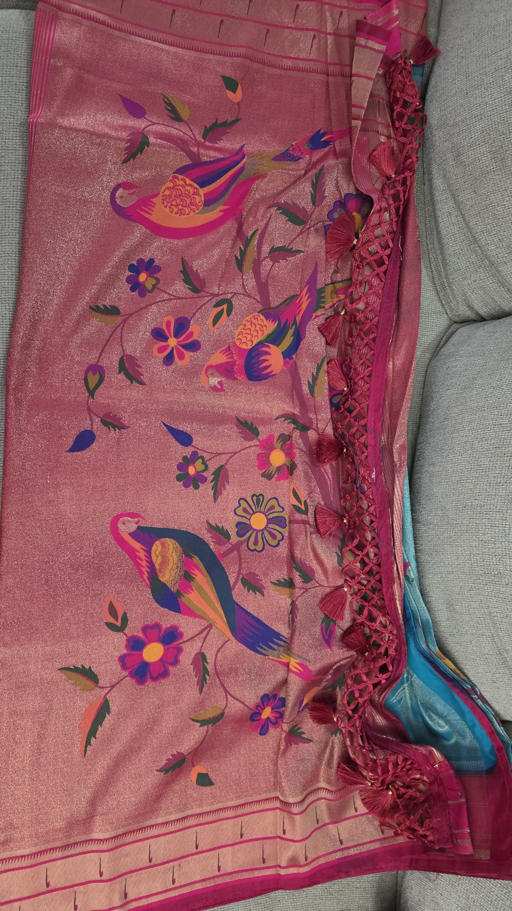 Exquisite Handpaint Weaving Kanchivaram Silk Saree in a radiant rama green and pink