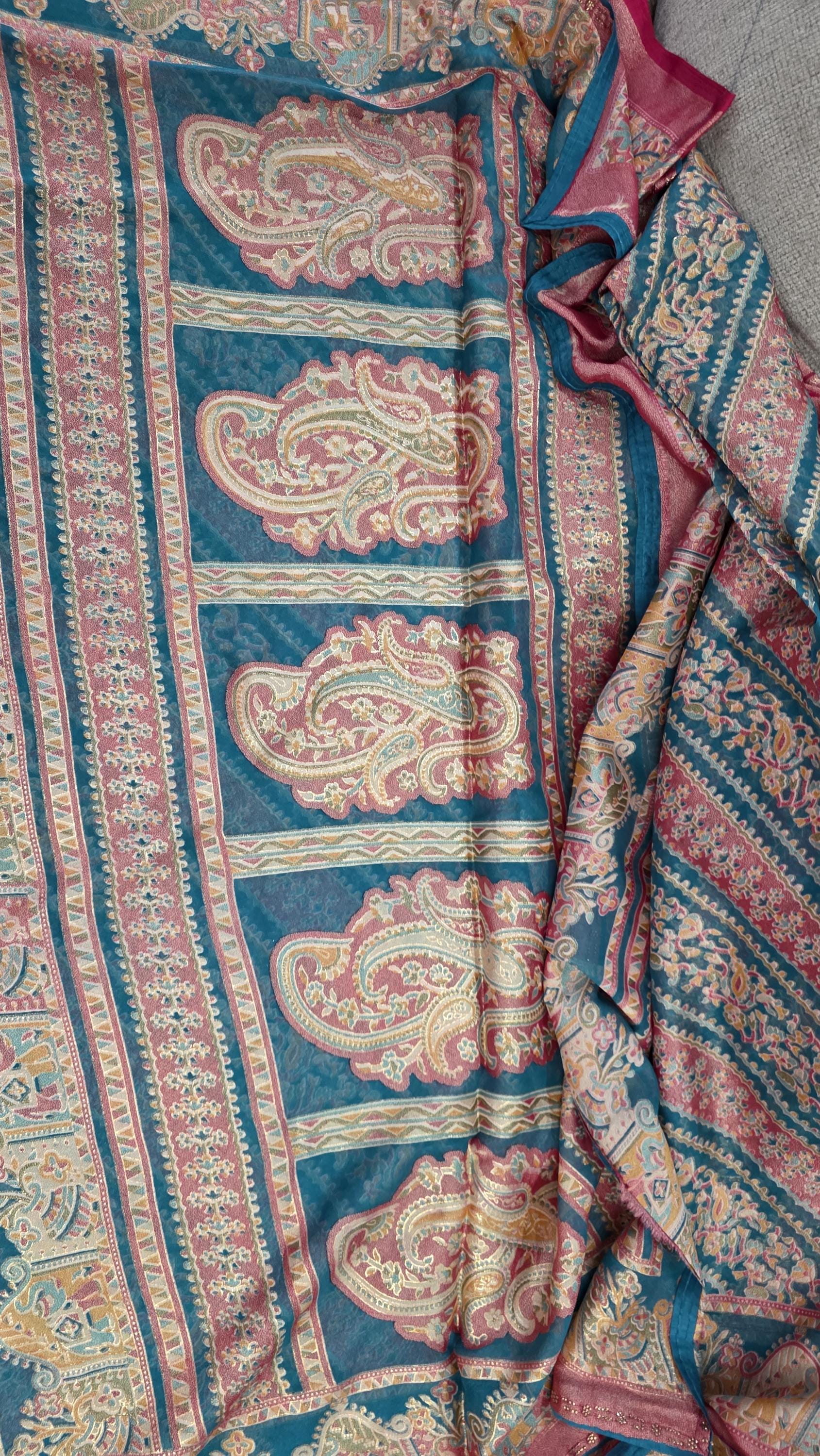 Handcrafted Chiffon Brass Gold Foil Saree | Magenta Pink & Teal Blue Designer Saree | Lightweight Party Wear | Wedding F