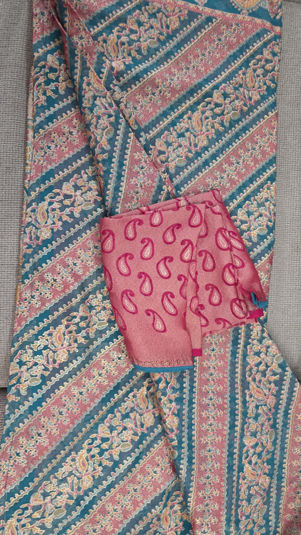 Handcrafted Chiffon Brass Gold Foil Saree | Magenta Pink & Teal Blue Designer Saree | Lightweight Party Wear | Wedding F