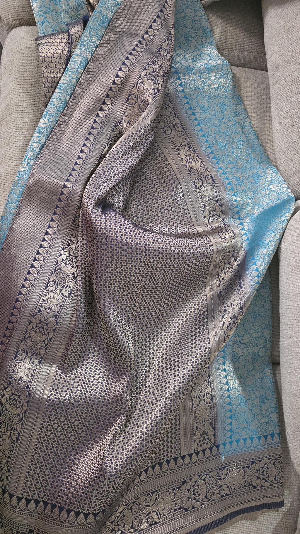 Rama Green & Sky Blue Brocade Banarasi Saree | Zari Woven| Blue Contrast Border Pallu | Indian Wedding Saree | Festive