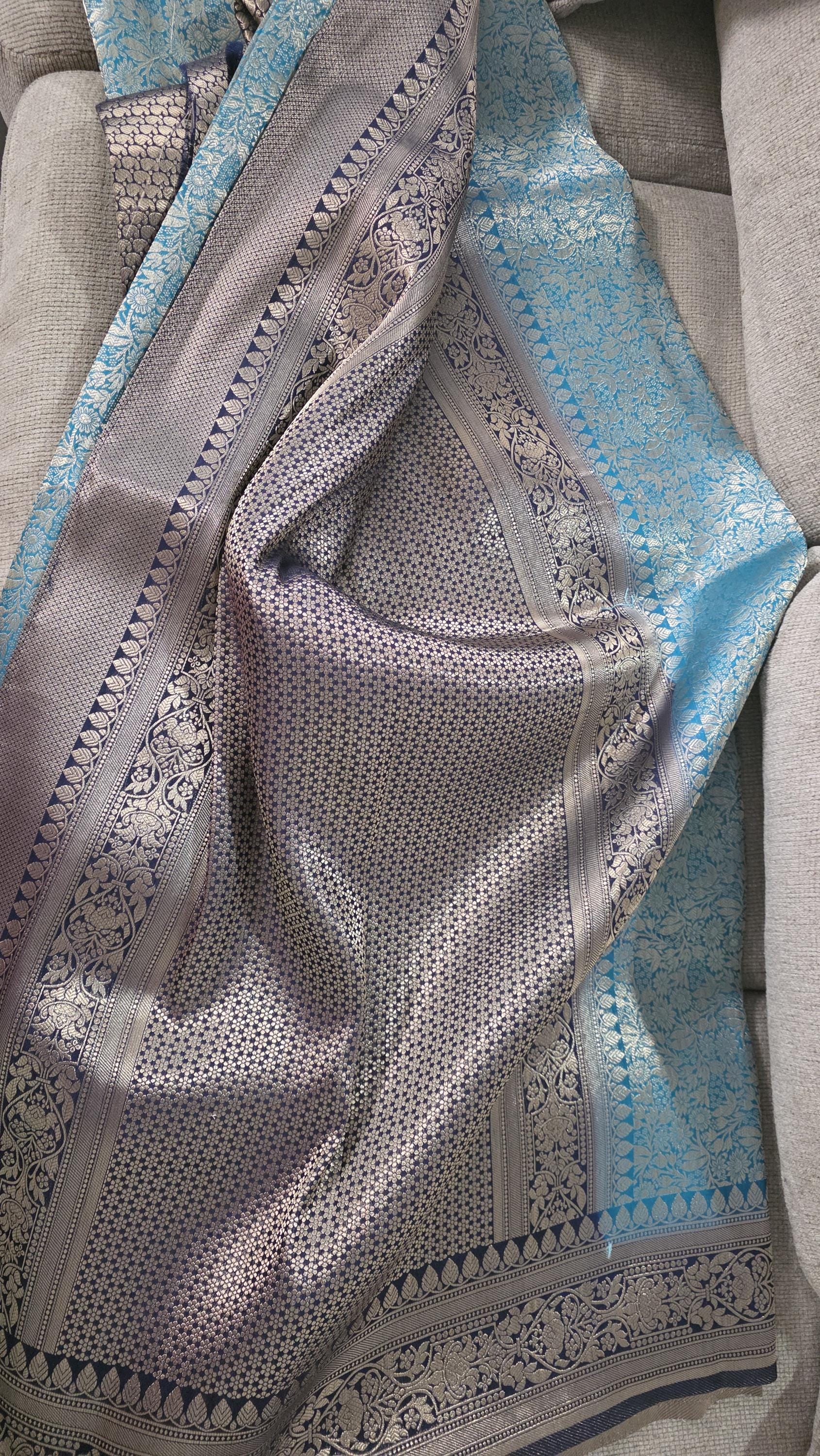 Rama Green & Sky Blue Brocade Banarasi Saree | Zari Woven| Blue Contrast Border Pallu | Indian Wedding Saree | Festive
