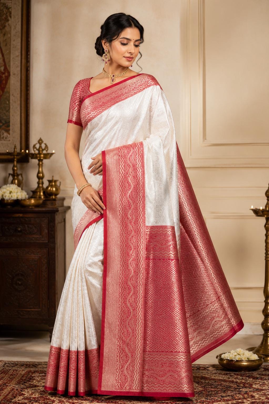 White and red Brocade Banarasi Saree | Zari Woven| Blue Contrast Border Pallu | Indian Wedding Saree | Festive