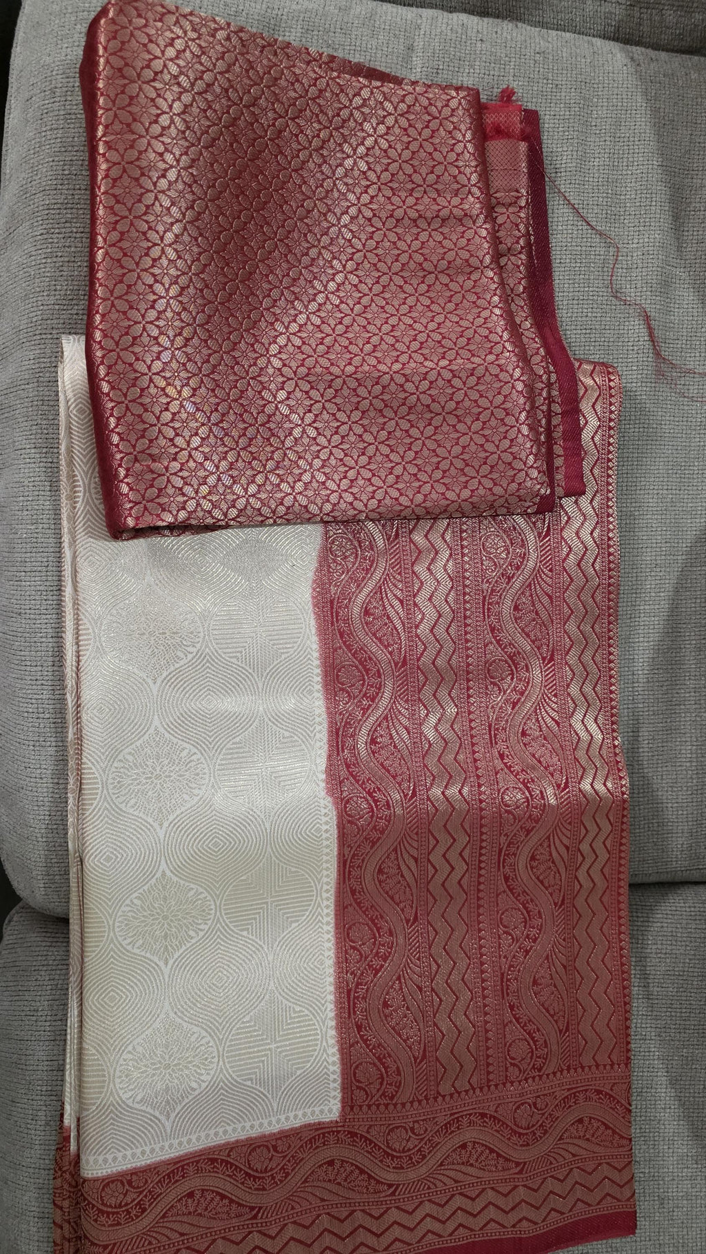 White and red Brocade Banarasi Saree | Zari Woven| Blue Contrast Border Pallu | Indian Wedding Saree | Festive