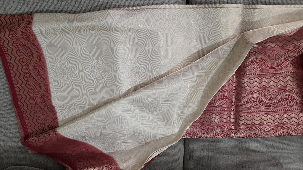 White and red Brocade Banarasi Saree | Zari Woven| Blue Contrast Border Pallu | Indian Wedding Saree | Festive