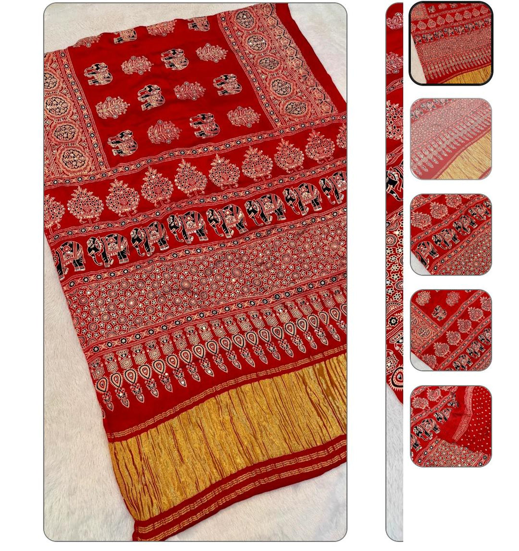 Red Handblock Ajrakh Mirror Work Saree | 500+ Real Mirror Saree | Elephant Print Indian Ethnic Saree | Festive Navratri