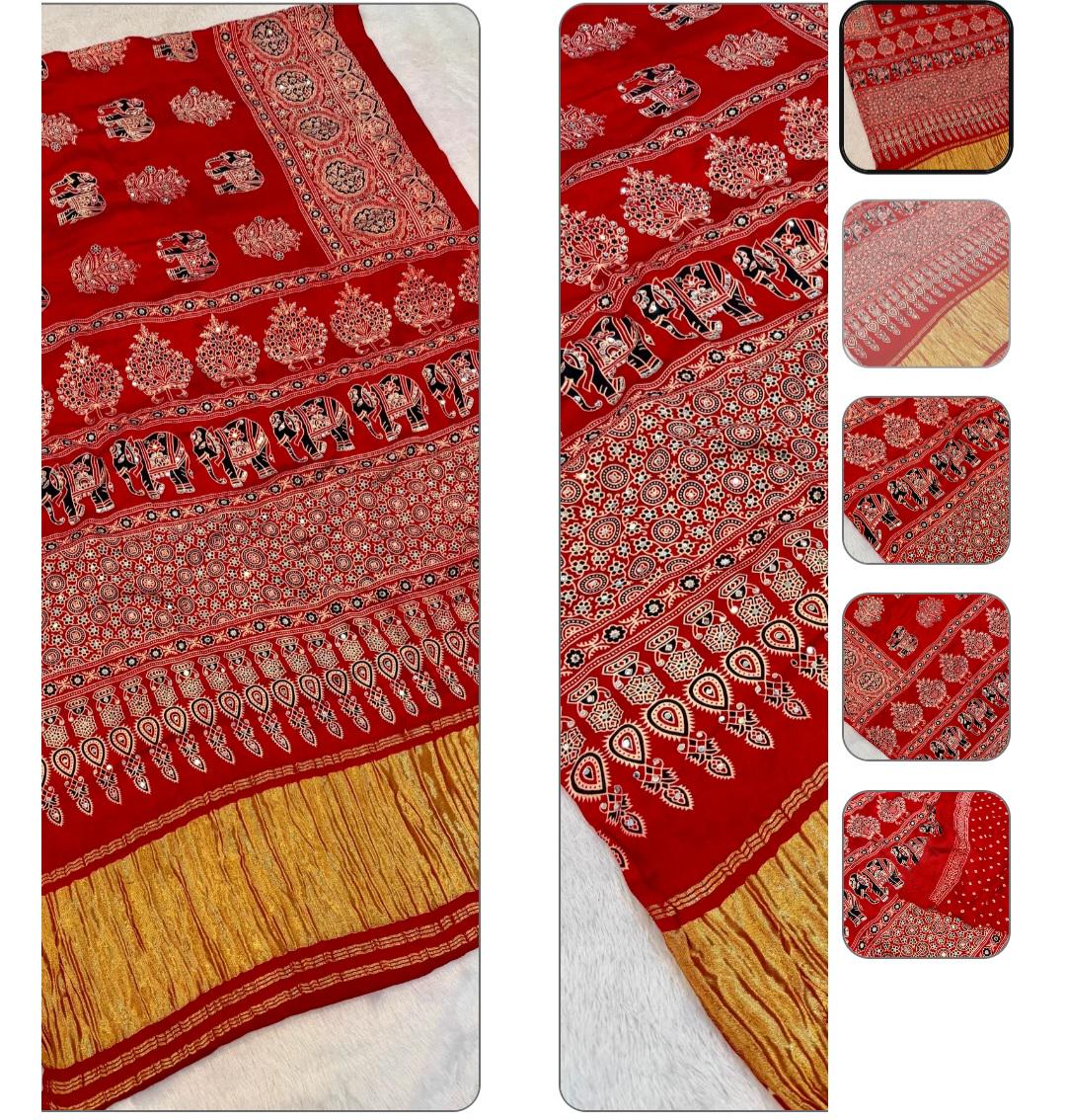 Red Handblock Ajrakh Mirror Work Saree | 500+ Real Mirror Saree | Elephant Print Indian Ethnic Saree | Festive Navratri