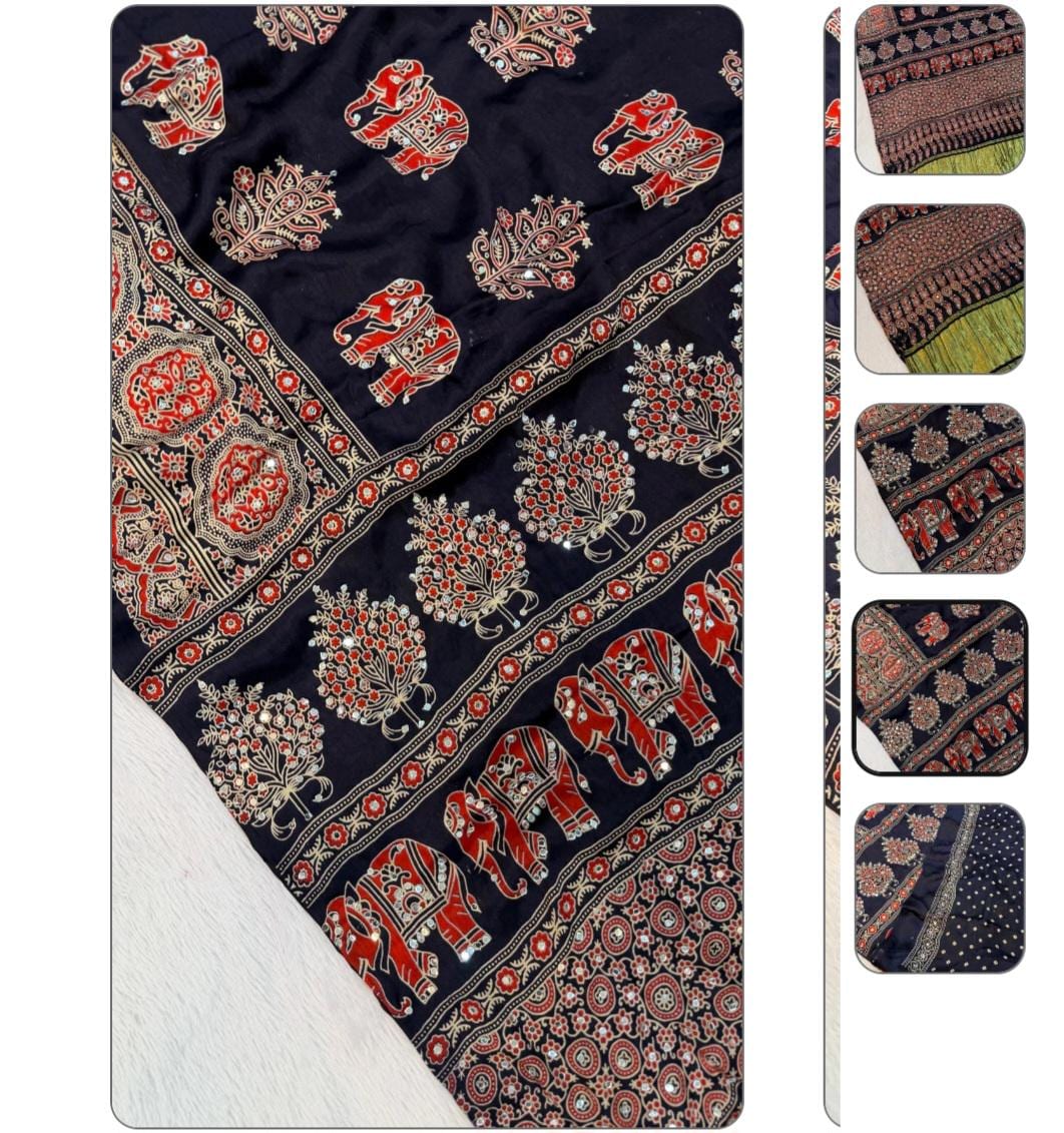BLUE Handblock Ajrakh Mirror Work Saree | 500+ Real Mirror Saree | Elephant Print Indian Ethnic Saree | Festive Navratri