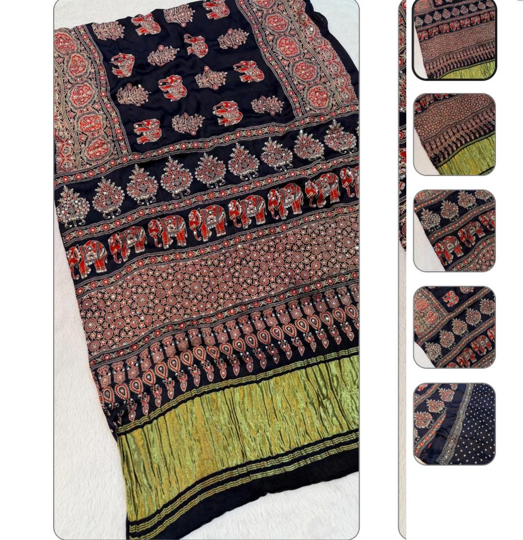 BLUE Handblock Ajrakh Mirror Work Saree | 500+ Real Mirror Saree | Elephant Print Indian Ethnic Saree | Festive Navratri