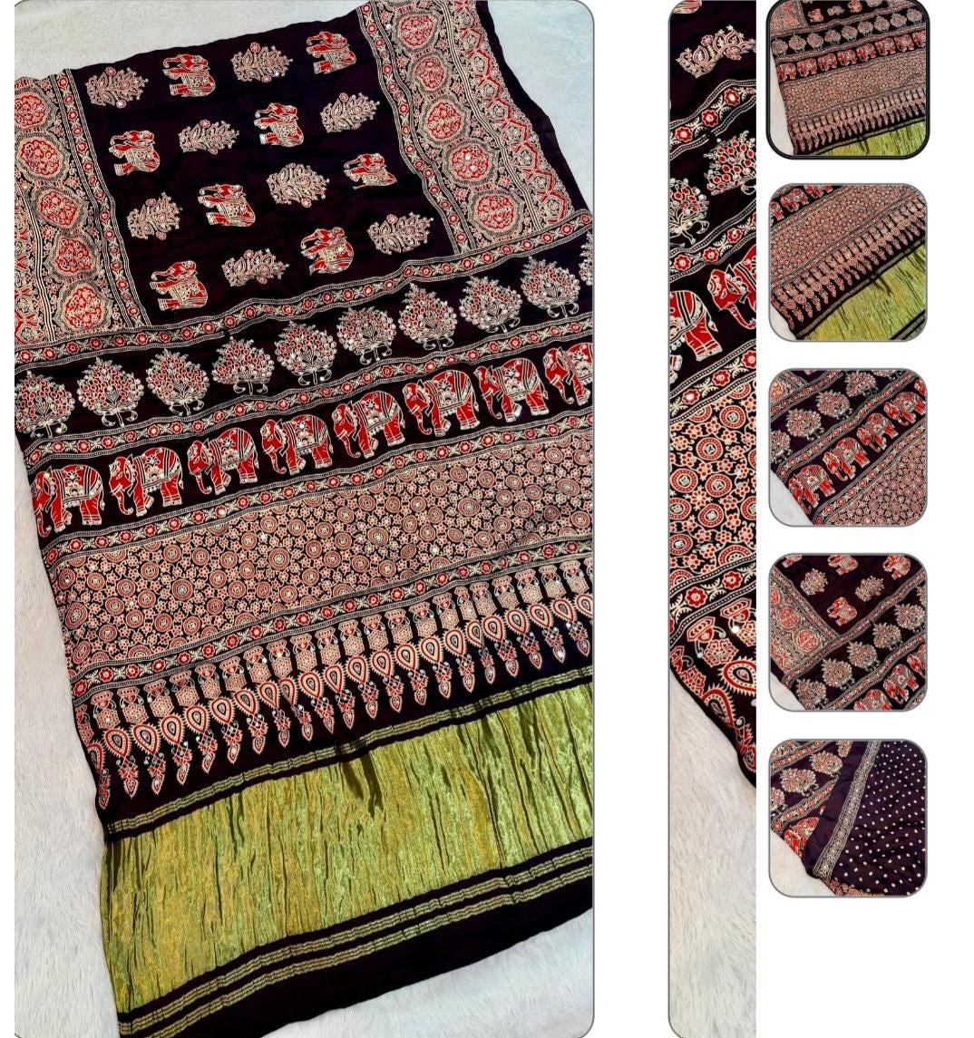 Wine Handblock Ajrakh Mirror Work Saree | 500+ Real Mirror Saree | Elephant Print Indian Ethnic Saree | Festive Navratri