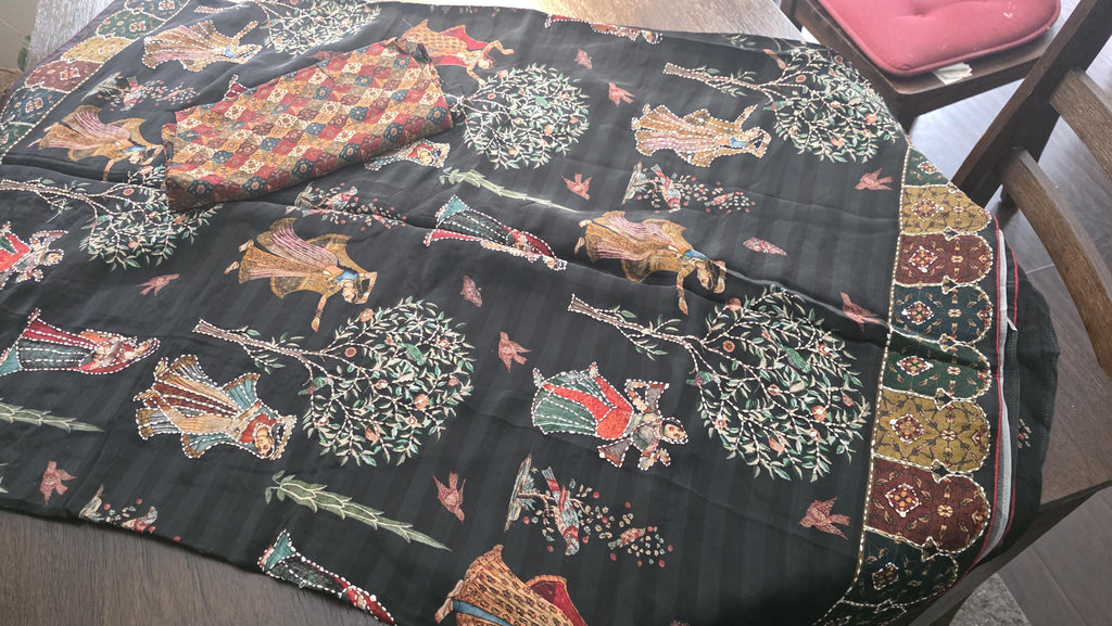 Black Kantha Work Crepe Saree | Handmade Folk Art Printed Saree | Soft Crepe Indian Saree | Traditional Ethnic Wear | Festive Party Saree |