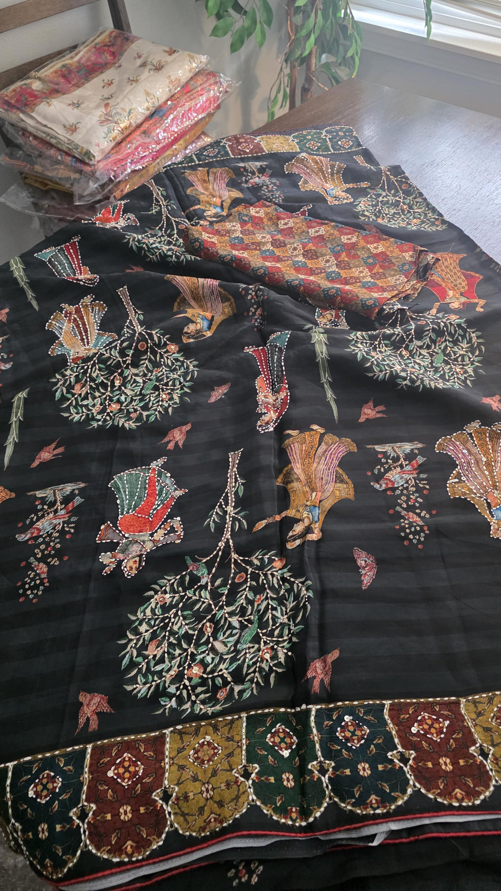 Black Kantha Work Crepe Saree | Handmade Folk Art Printed Saree | Soft Crepe Indian Saree | Traditional Ethnic Wear | Festive Party Saree |