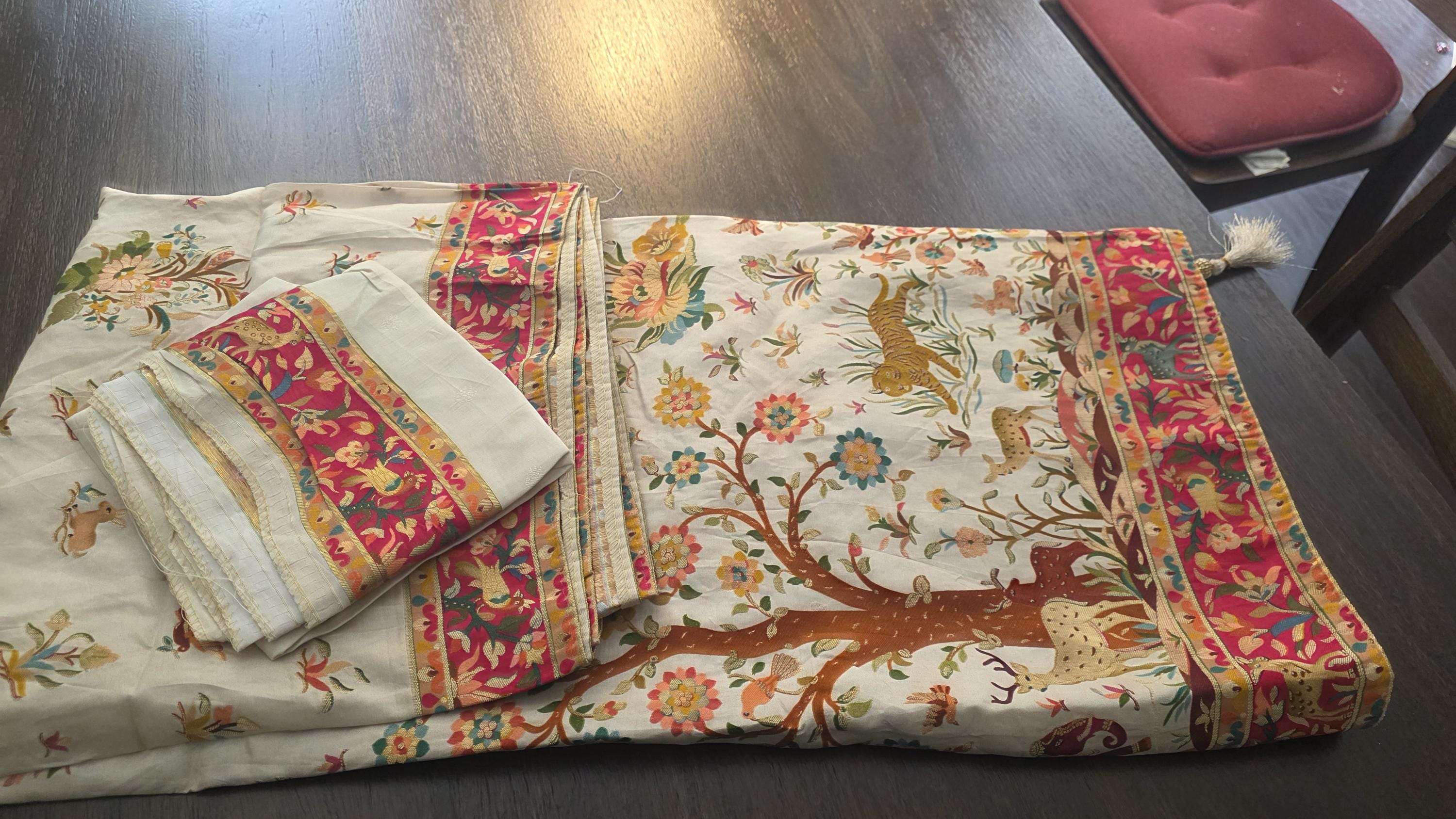 Cream Kantha Work Crape Silk weaved saree