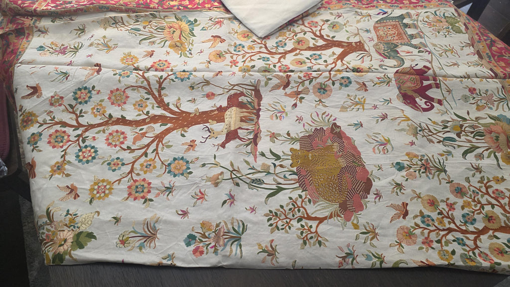 Cream Kantha Work Crape Silk weaved saree