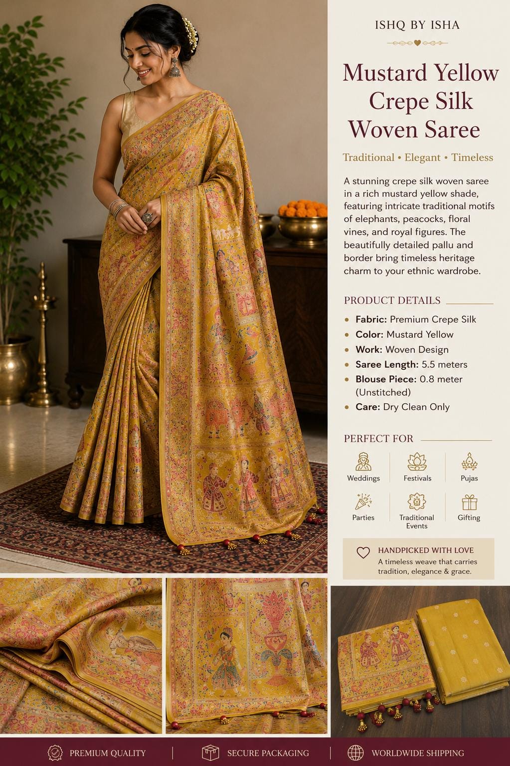Mustard Crepe Silk Woven Saree | Traditional Indian Saree | Ethnic Festive Saree | Designer Party Wear Saree | Wedding Saree with Unstitched