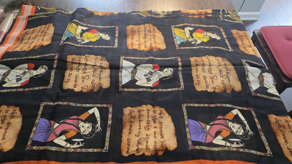 Exquisite black Pure Pattu digital print sarees in Mangalagiri silk Handwoven Elegance. Fall and Pico done