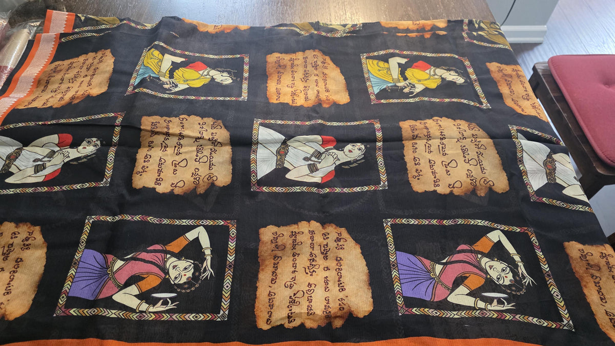 Exquisite black Pure Pattu digital print sarees in Mangalagiri silk Handwoven Elegance. Fall and Pico done