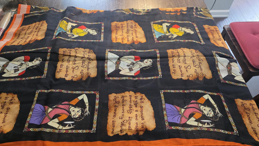 Exquisite black Pure Pattu digital print sarees in Mangalagiri silk Handwoven Elegance. Fall and Pico done