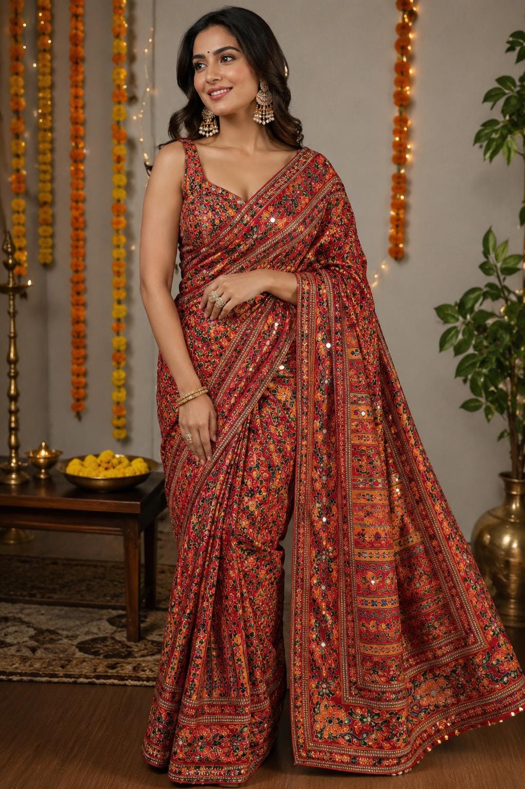 Satin crape orange mirror work saree with stiched blouse