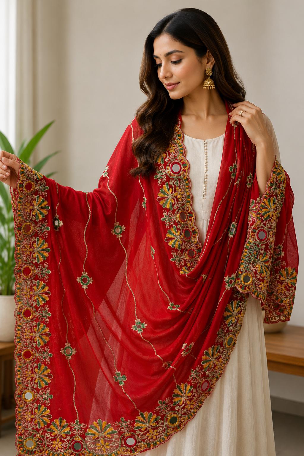 Rayon Cotton Embroidered Mirror Work Dupatta | Thread Work Ethnic Dupatta | Indian Traditional Dupatta for Women | Festive, Garba & Navratri