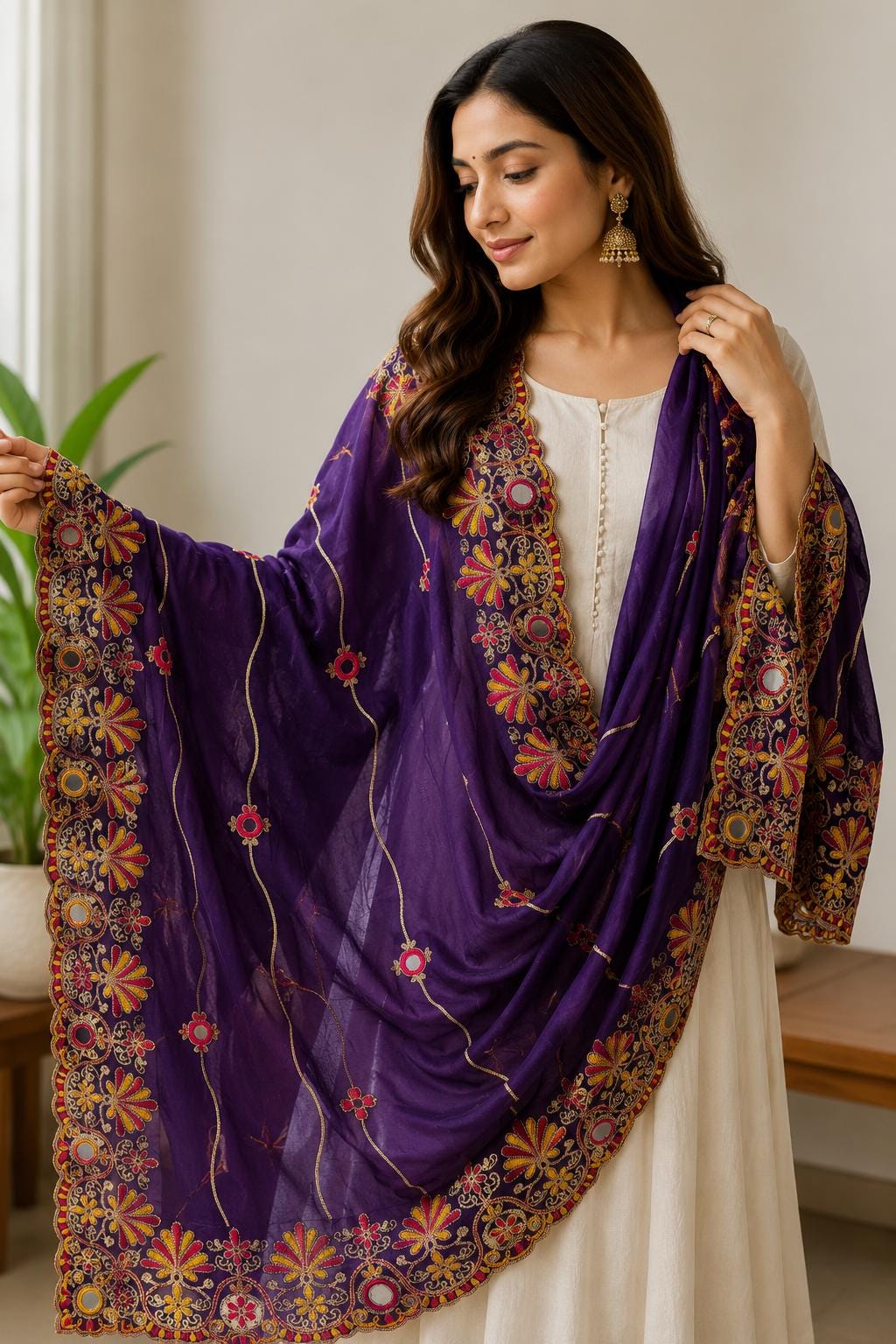 Rayon Cotton Embroidered Mirror Work Dupatta | Thread Work Ethnic Dupatta | Indian Traditional Dupatta for Women | Festive, Garba & Navratri