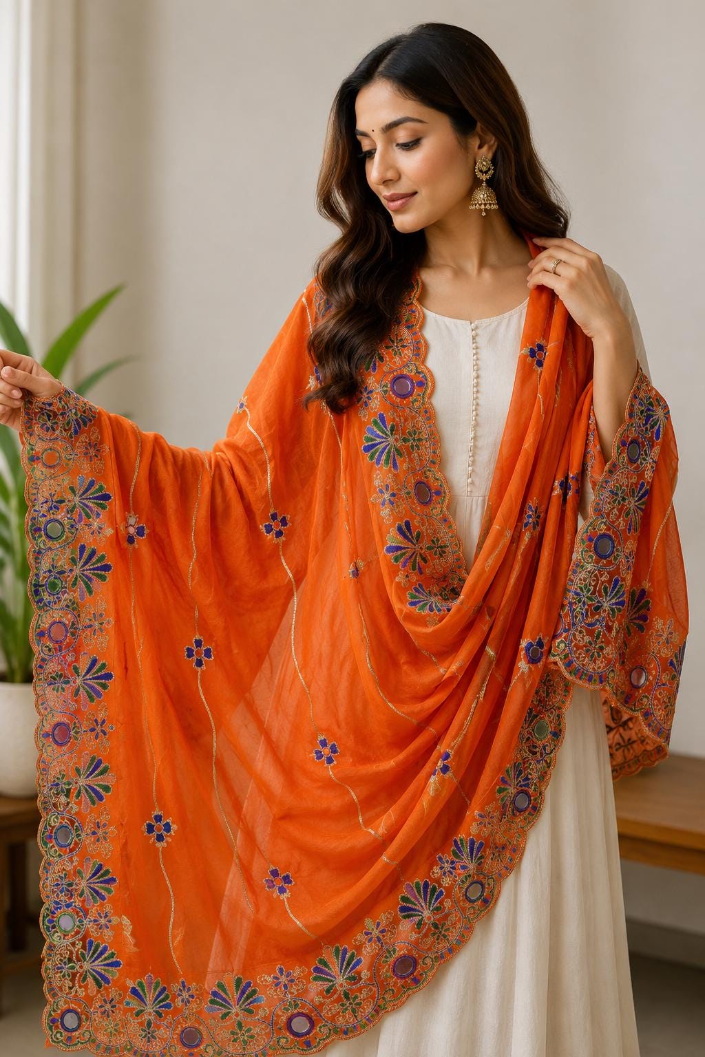 Rayon Cotton Embroidered Mirror Work Dupatta | Thread Work Ethnic Dupatta | Indian Traditional Dupatta for Women | Festive, Garba & Navratri
