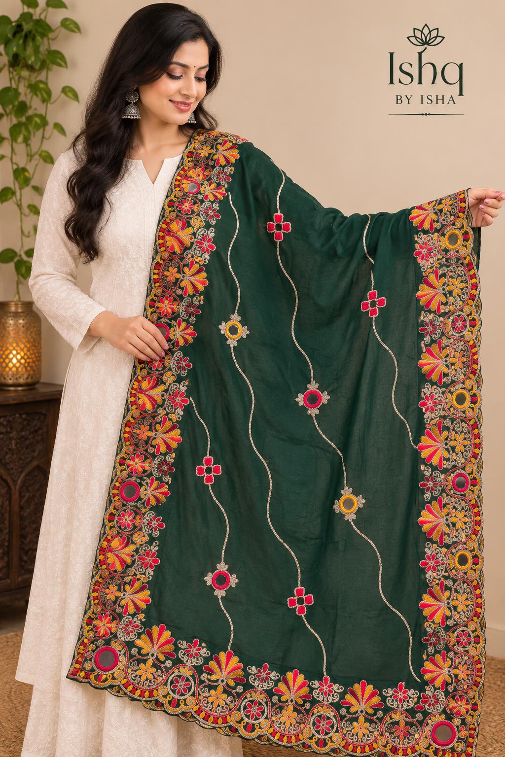 Rayon Cotton Embroidered Mirror Work Dupatta | Thread Work Ethnic Dupatta | Indian Traditional Dupatta for Women | Festive, Garba & Navratri