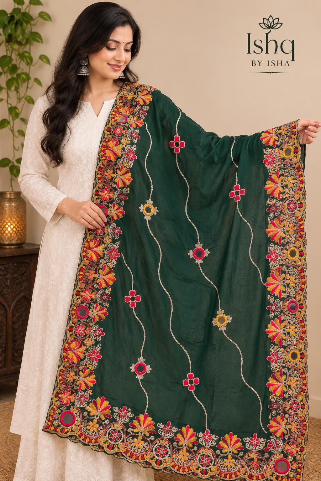 Rayon Cotton Embroidered Mirror Work Dupatta | Thread Work Ethnic Dupatta | Indian Traditional Dupatta for Women | Festive, Garba & Navratri