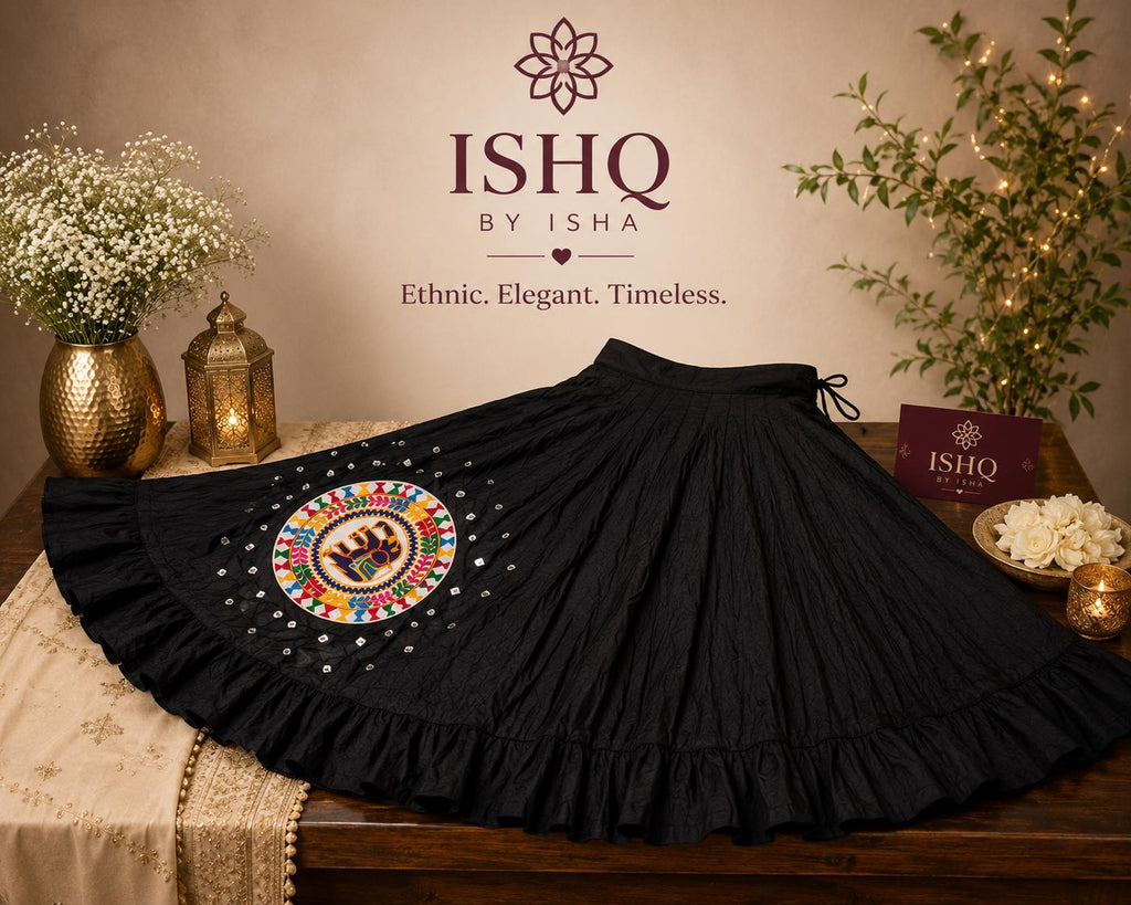 Black Skirt with patch work Work 10 m flair | Festive & Party Wear | Ishq by Isha