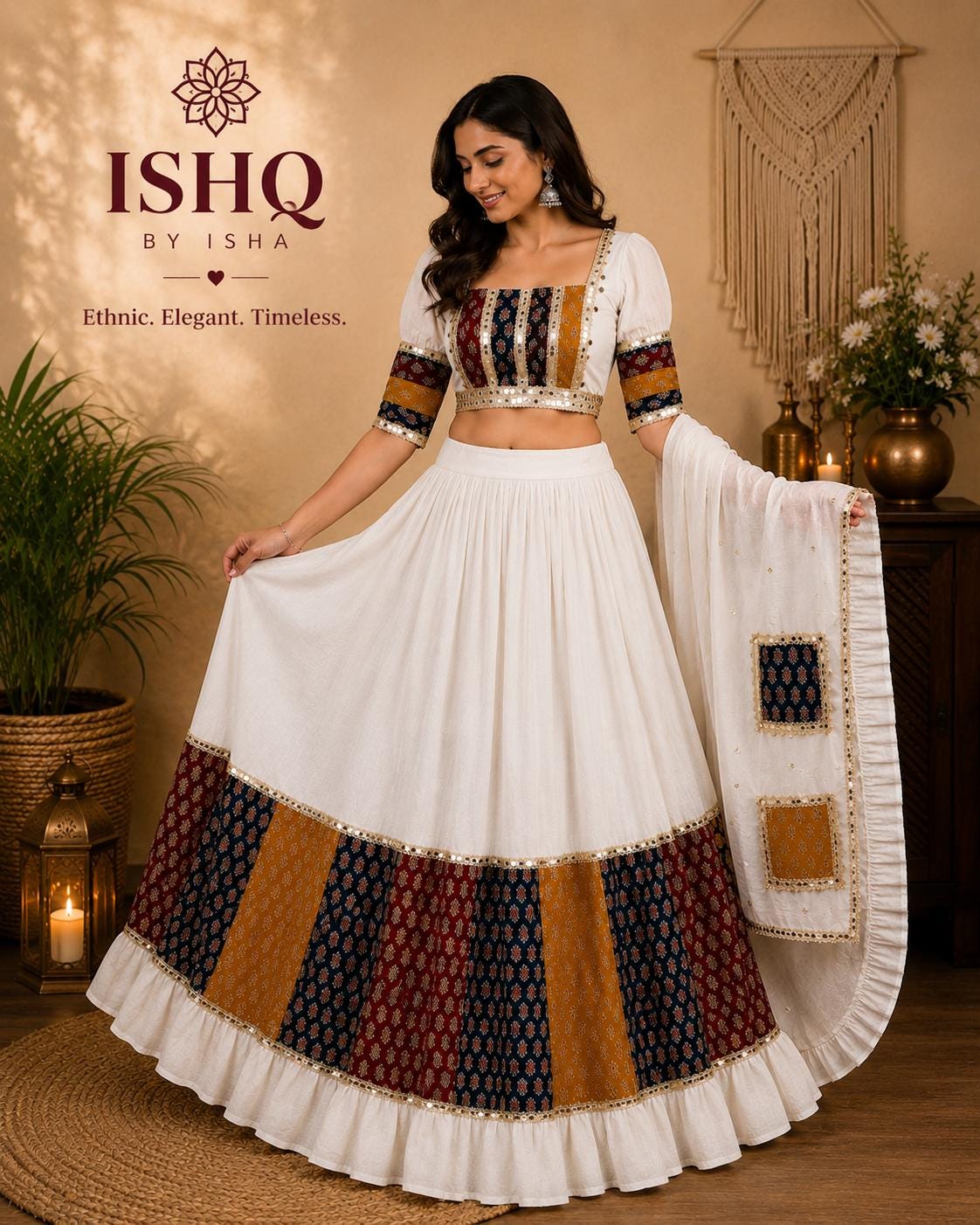 White Patchwork Navratri Lehenga Choli Set with Dupatta | Handmade Garba Outfit | Indian Festival Dress | Dandiya Lehenga