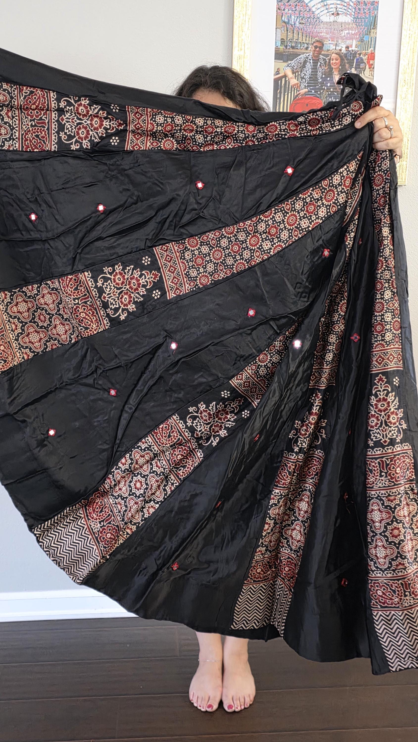 Black Gajji Silk Patchwork Lehenga Set | Mirror Work Blouse | Indian Navratri Outfit | Garba Chaniya Choli | Festive Ethnic Wear