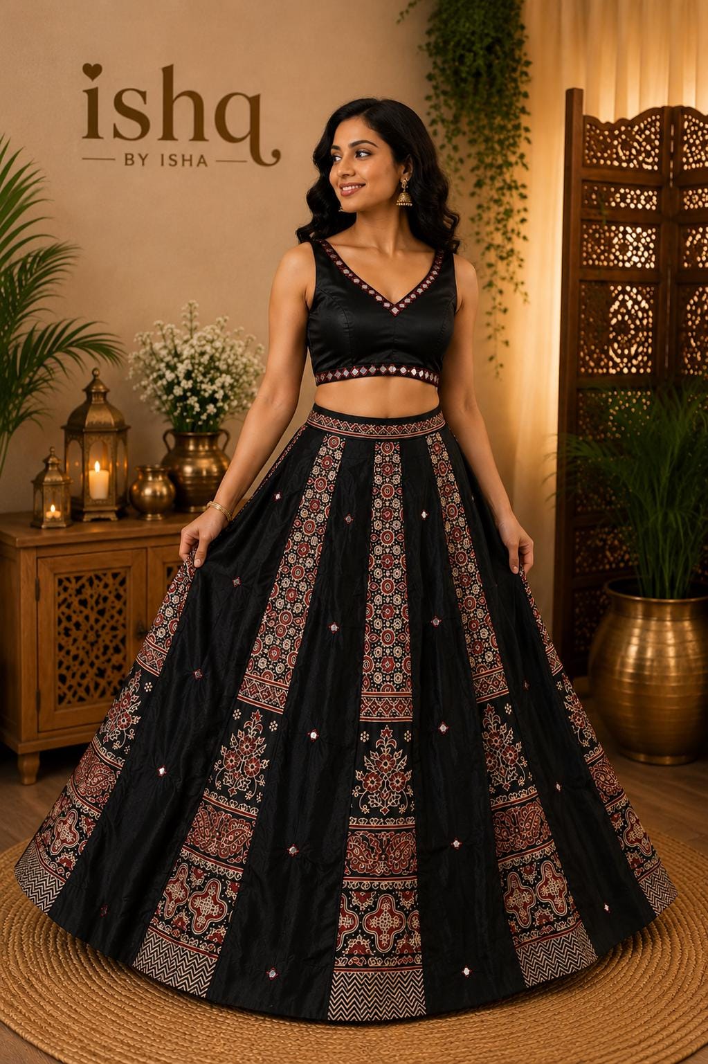 Black Gajji Silk Patchwork Lehenga Set | Mirror Work Blouse | Indian Navratri Outfit | Garba Chaniya Choli | Festive Ethnic Wear