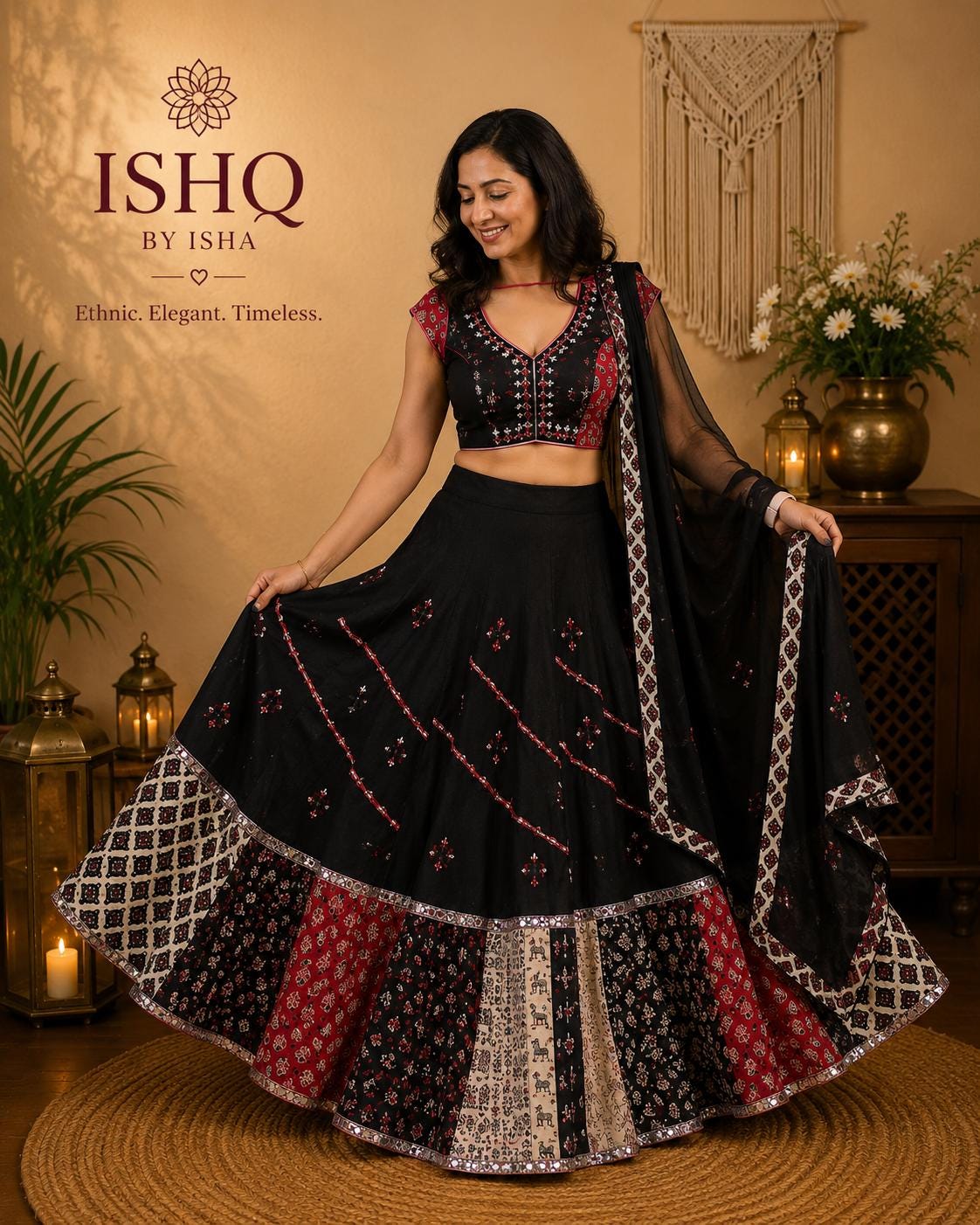 Black Patchwork Navratri Lehenga Choli Set with Dupatta | Handmade Garba Skirt | Indian Ethnic Outfit | Dandiya Dress