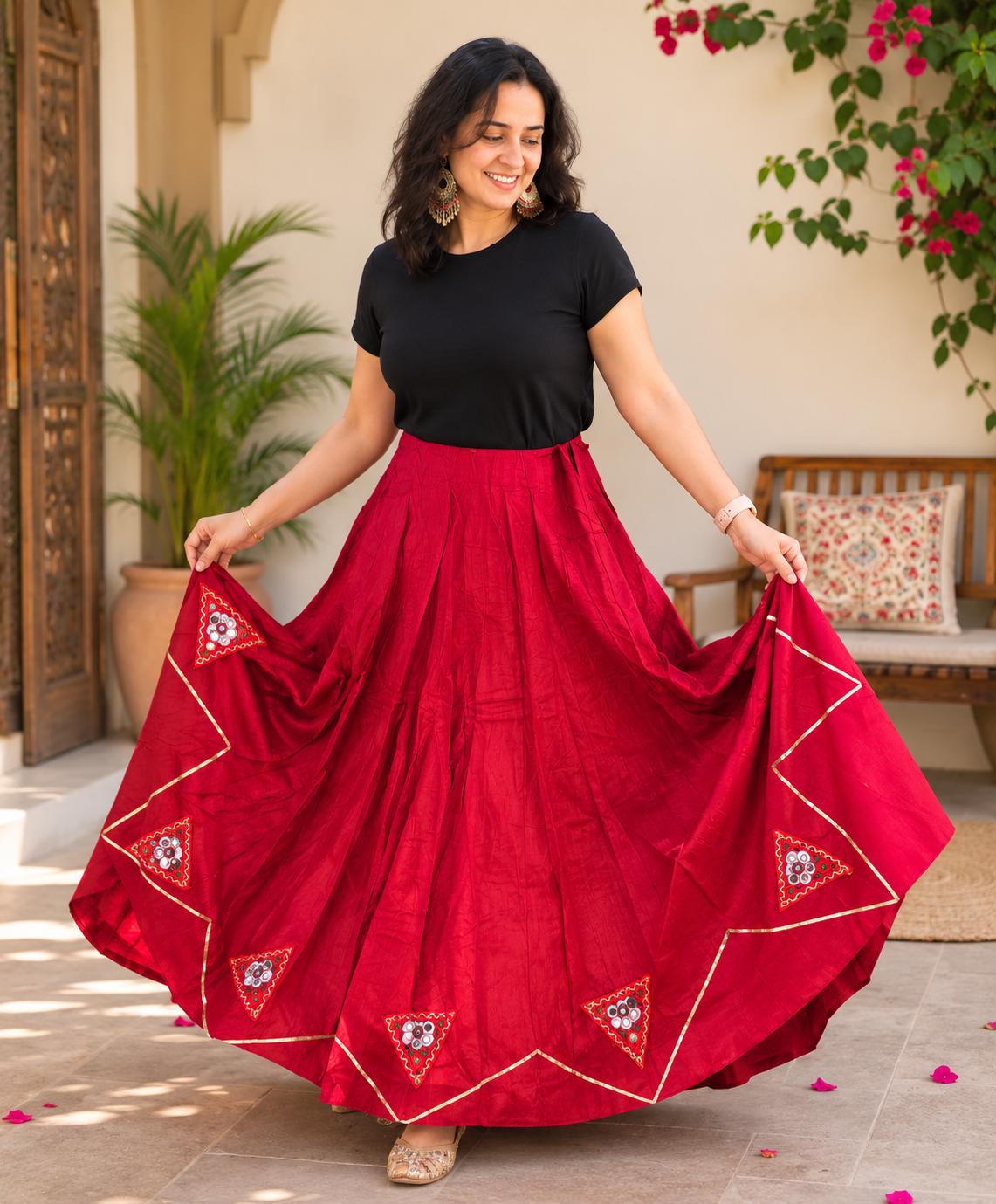 Red skirt with patch work 10 m flair | Festive & Party Wear | Ishq by Isha